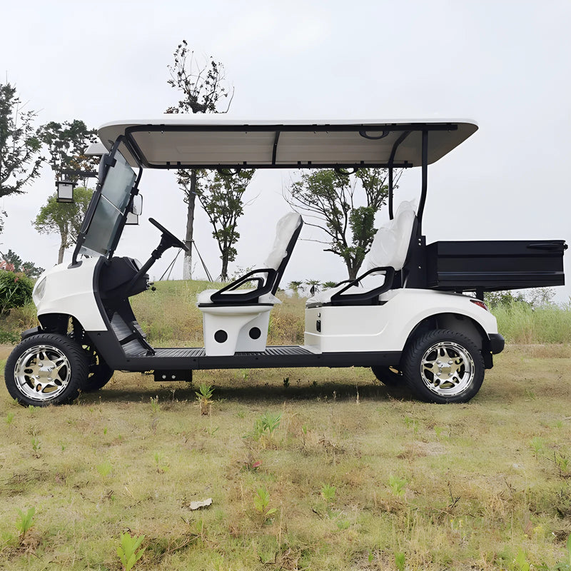 Voiturette de golf électrique classique – vue de profil, version blanche longue avec deux banquettes