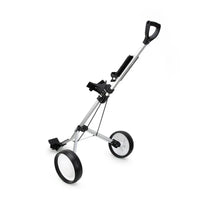 Chariot de golf pliable 2 roues – chariot déployé sur fond blanc, roues à centre blanc