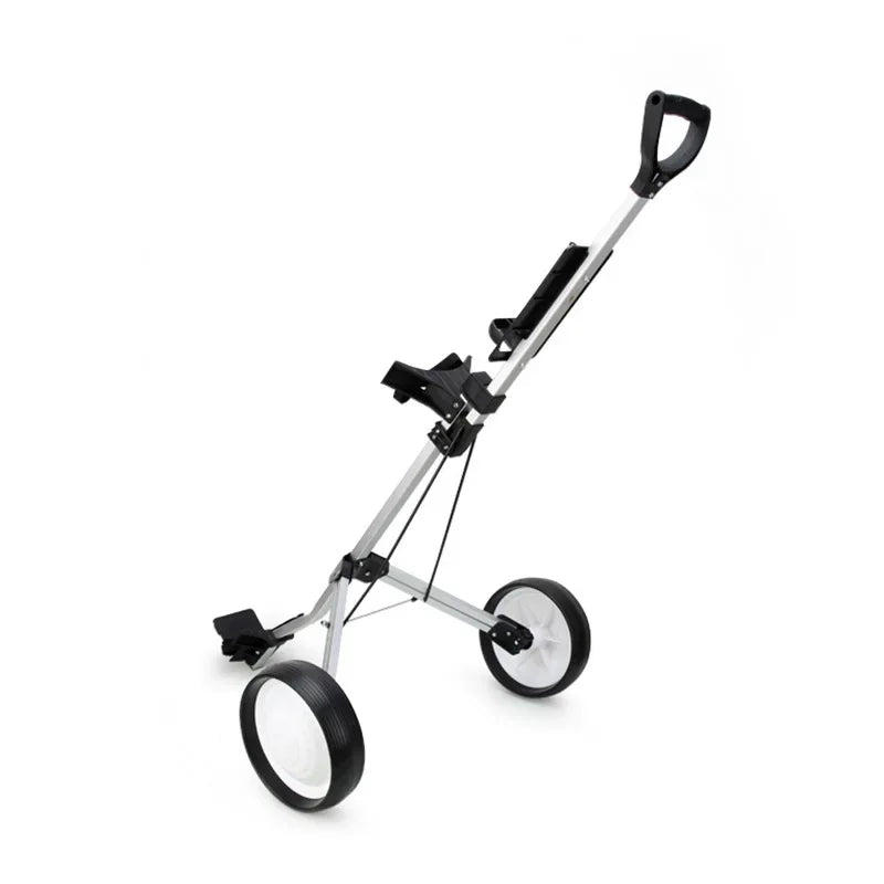Chariot de golf pliable 2 roues – chariot déployé sur fond blanc, roues à centre blanc