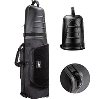 Housse de voyage golf – vue de face, coque repliée et détail d'une roulette