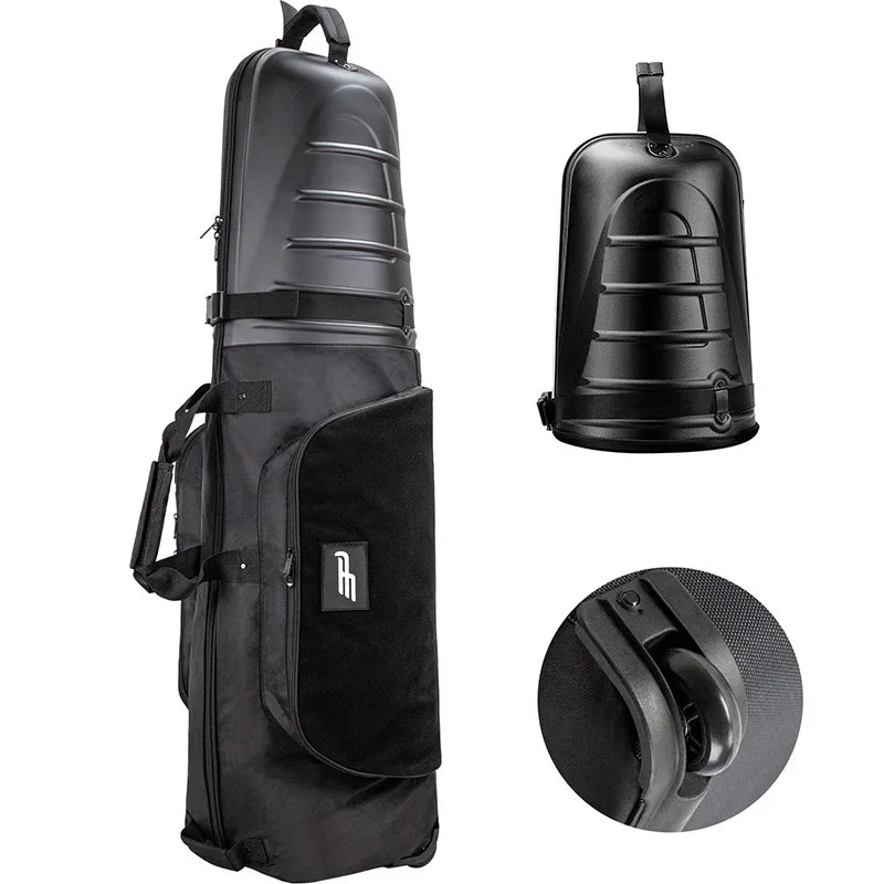 Housse de voyage golf – vue de face, coque repliée et détail d'une roulette