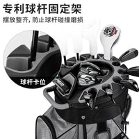 Sac de golf chariot noir et gris – détail du haut avec fers et couvre-clubs calés dans leurs logements