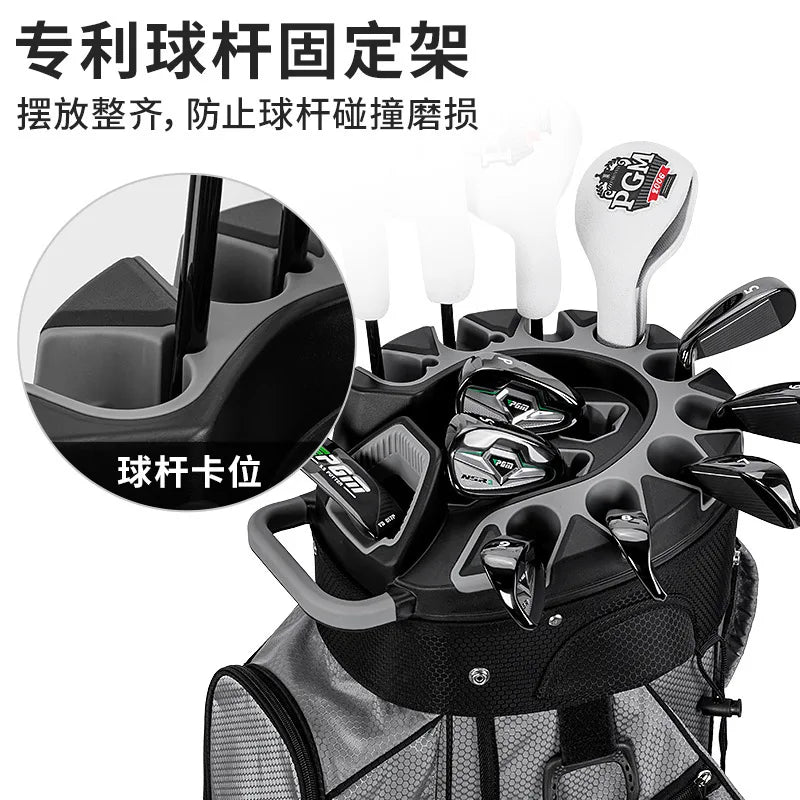 Sac de golf chariot noir et gris – détail du haut avec fers et couvre-clubs calés dans leurs logements