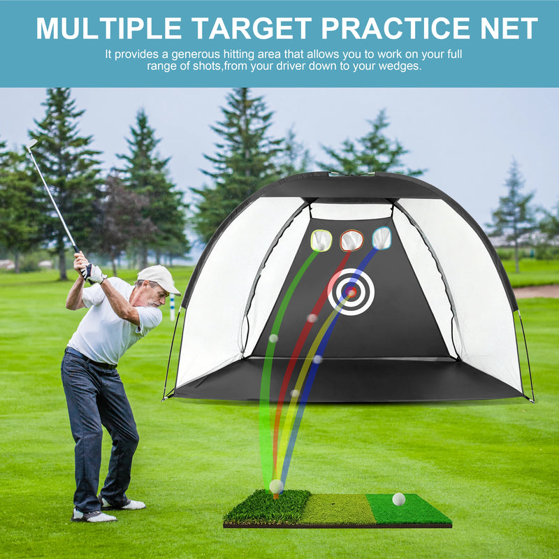 Filet de golf avec cible – golfeur en plein swing avec trajectoires vers les cibles