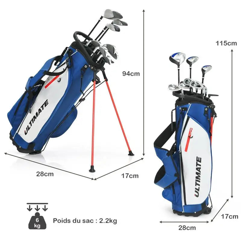 Set de golf complet débutant – schéma des dimensions et du poids du sac de 2,2 kg