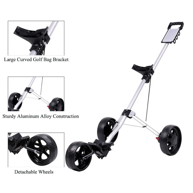 Chariot de golf manuel pliable à 3 roues en aluminium avec frein de stationnement et porte-carte