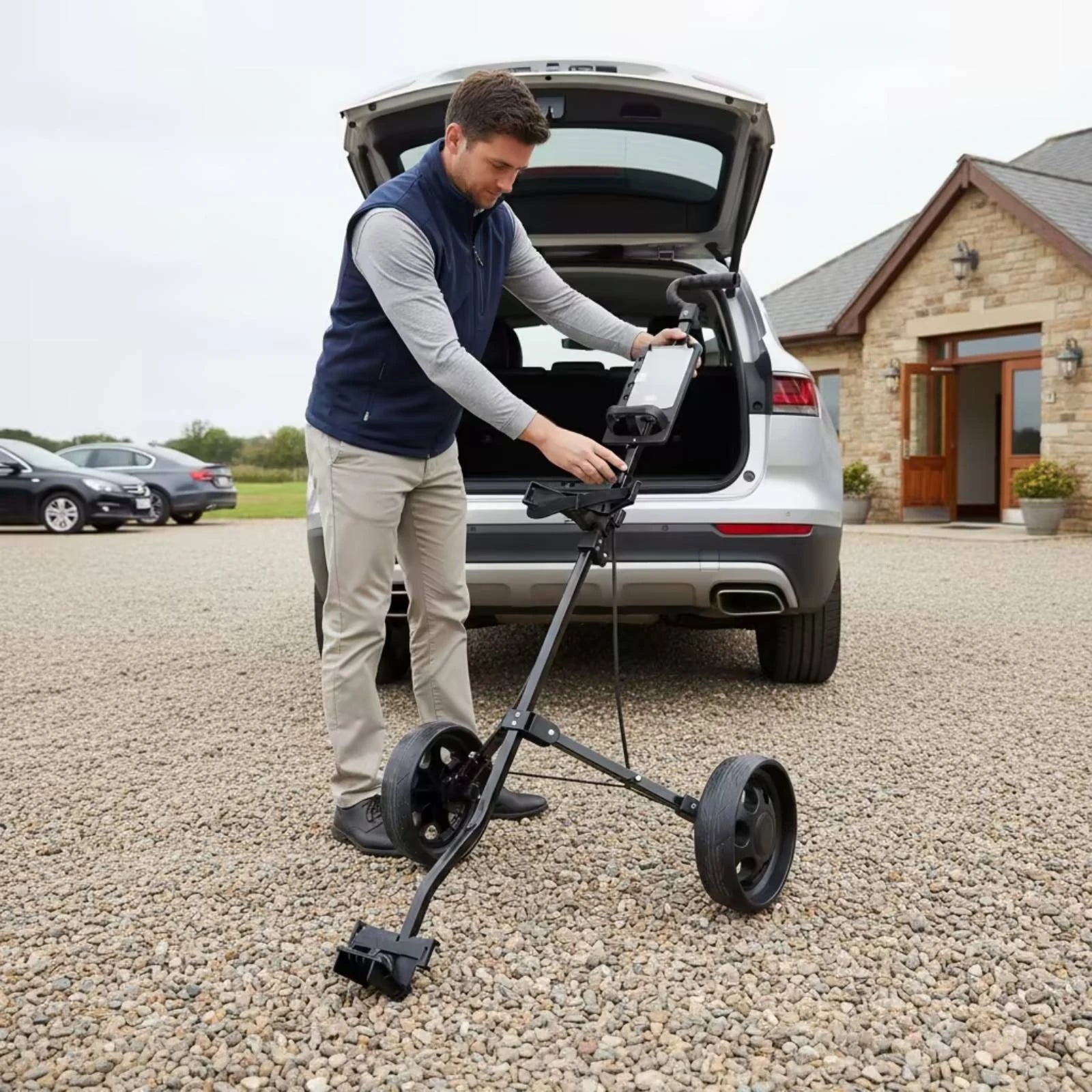 Chariot de golf manuel pliable à 2 roues nervurées, cadre métallique noir et poignée courbe
