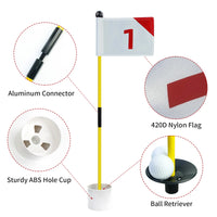 Drapeaux de putting green numérotés – détails du raccord en aluminium, du drapeau, de la coupelle et de la base