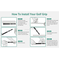 Grips de golf bleu marine et blanc – schéma de pose d'un grip en six étapes