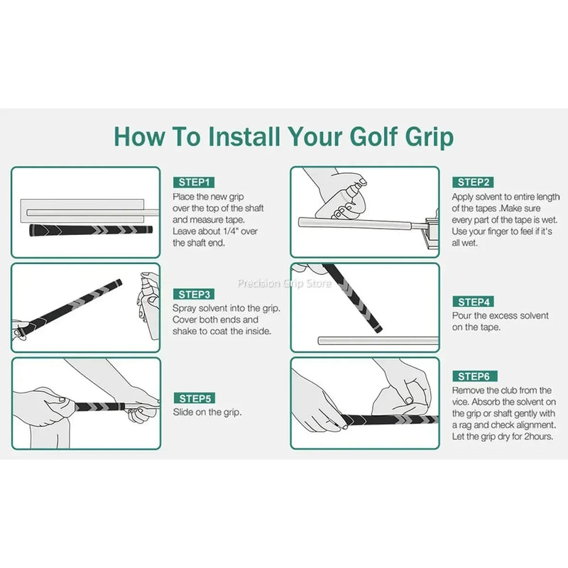 Grips de golf bleu marine et blanc – schéma de pose d'un grip en six étapes