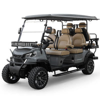 Voiturette de golf électrique 6 places tout-terrain – vue de trois quarts avant avec panier et pare-chocs