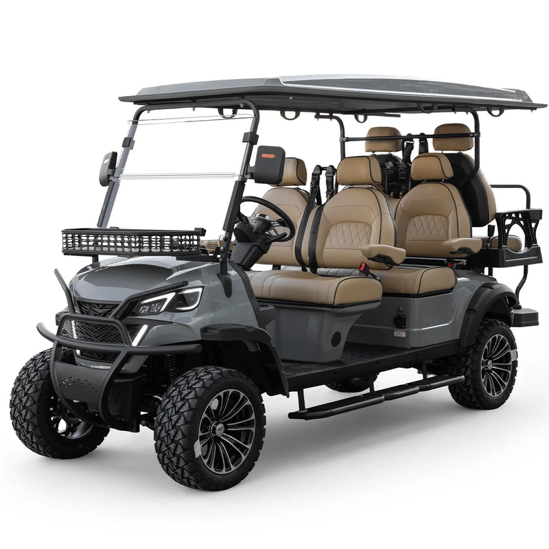 Voiturette de golf électrique 6 places tout-terrain – vue de trois quarts avant avec panier et pare-chocs