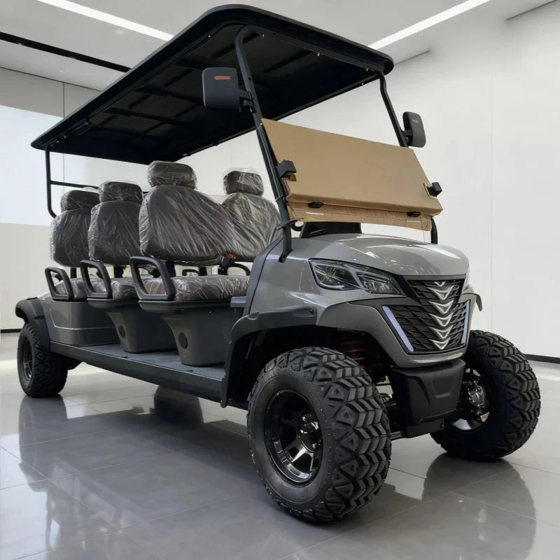 Buggy de golf électrique – version grise 6 places, vue de trois quarts avant