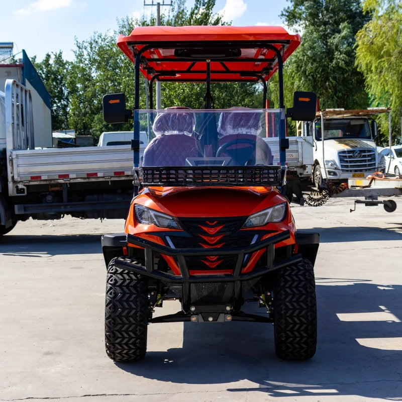 Voiturette de golf électrique 4 places orange – face avant avec pare-chocs tubulaire