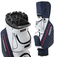Sac de golf chariot blanc et bleu marine avec capot, vue du plateau et du côté