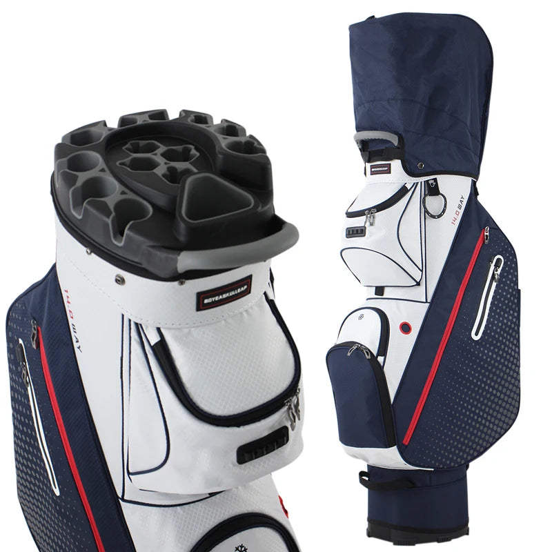 Sac de golf chariot blanc et bleu marine avec capot, vue du plateau et du côté