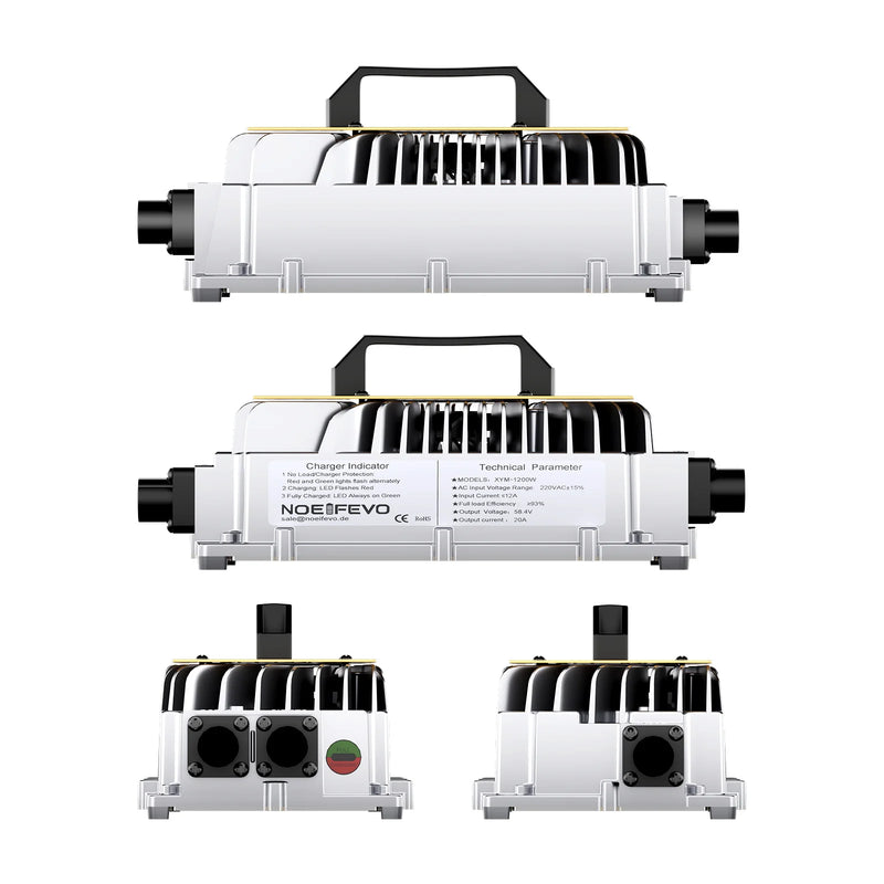 Chargeur LiFePO4 58,4 V – vues de côté, de face avec étiquette et des sorties du chargeur