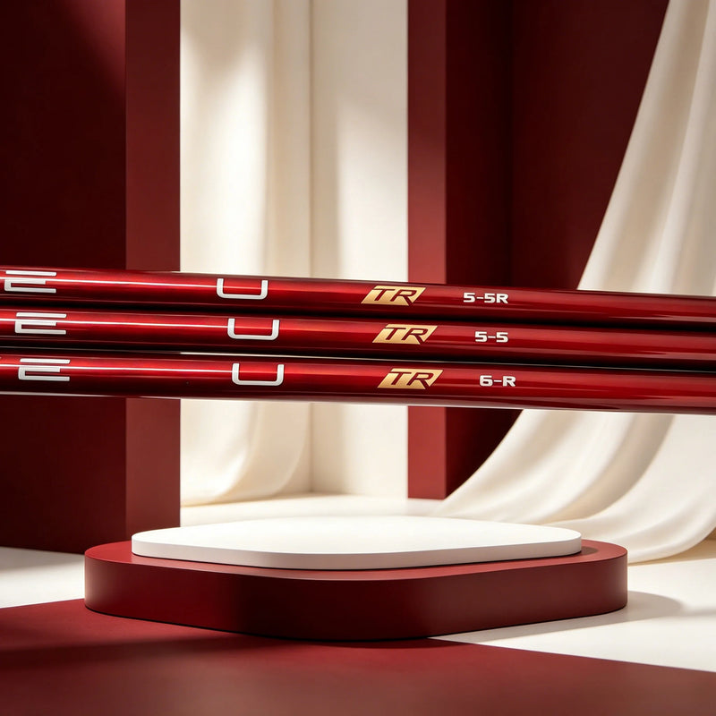 Manche de golf graphite rouge – trois manches posés sur un socle