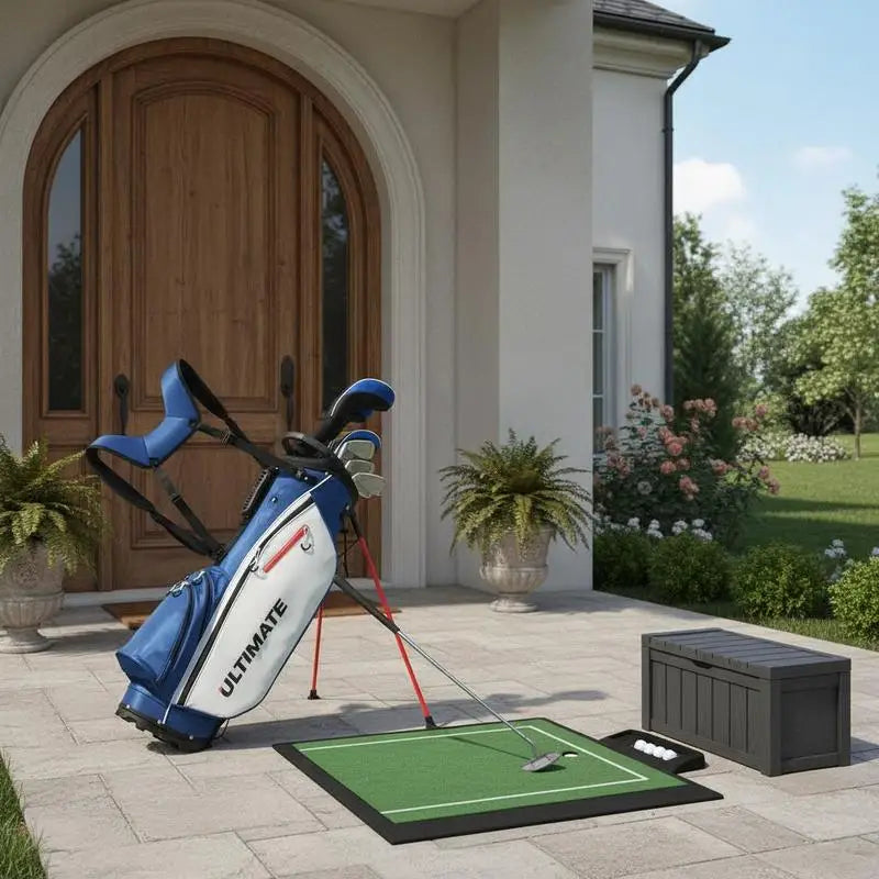 Kit de golf complet homme 9 clubs – sac trépied et tapis de putting devant une porte