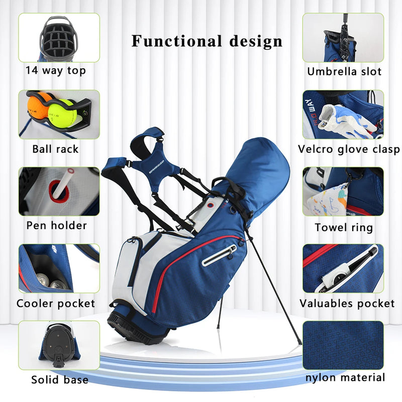 Sac de golf trépied léger 14 compartiments – schéma des rangements : sommet à 14 voies, porte-parapluie, porte-balles, fermeture velcro pour gant, porte-stylo, anneau serviette, poche isotherme, poche objets de valeur, base solide