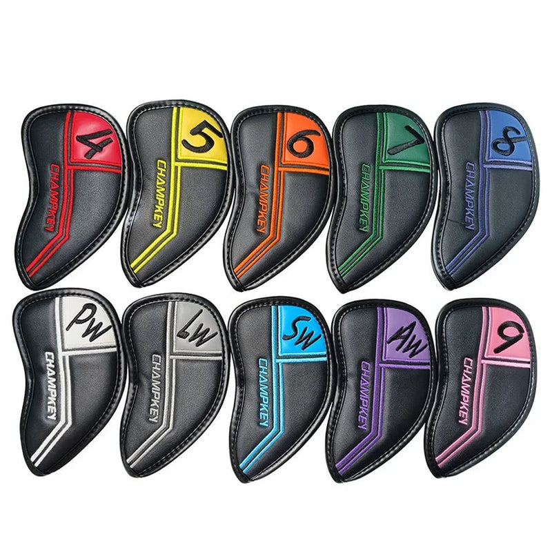 Couvre fer golf set de 10 housses – les dix housses alignées avec leurs numéros colorés