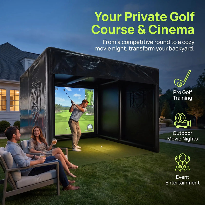 Cage de golf gonflable – cube noir au jardin face à l'écran de projection