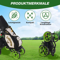 Chariot de golf pliable 4 roues – chariot avec un sac de golf, replié et déployé