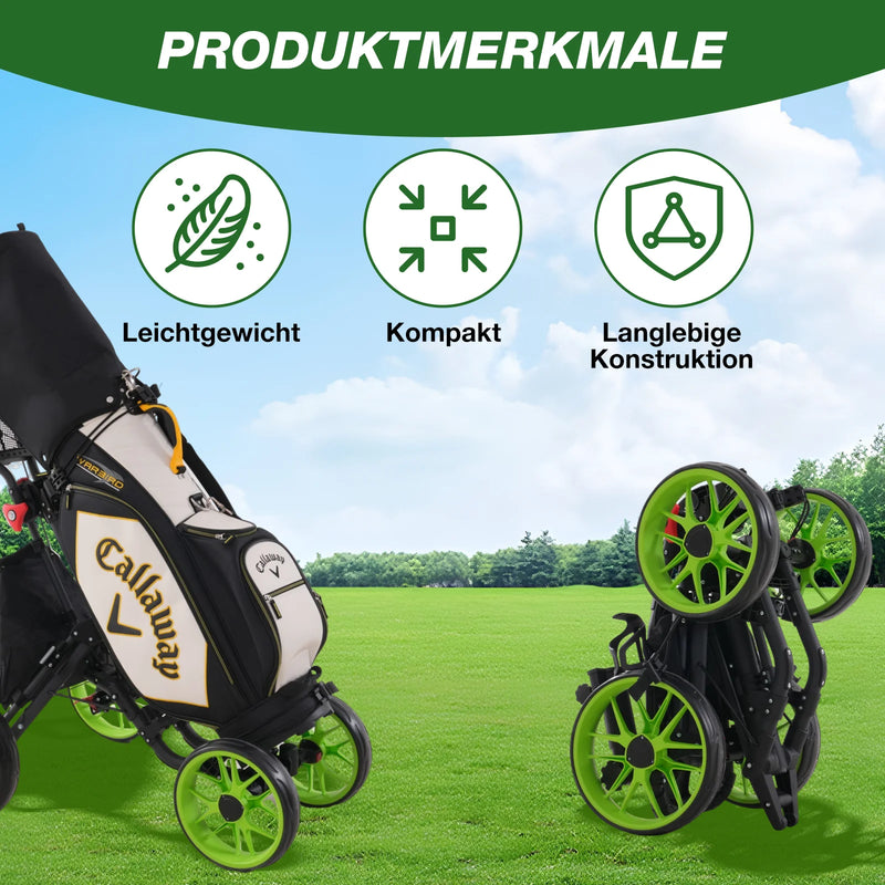 Chariot de golf pliable 4 roues – chariot avec un sac de golf, replié et déployé