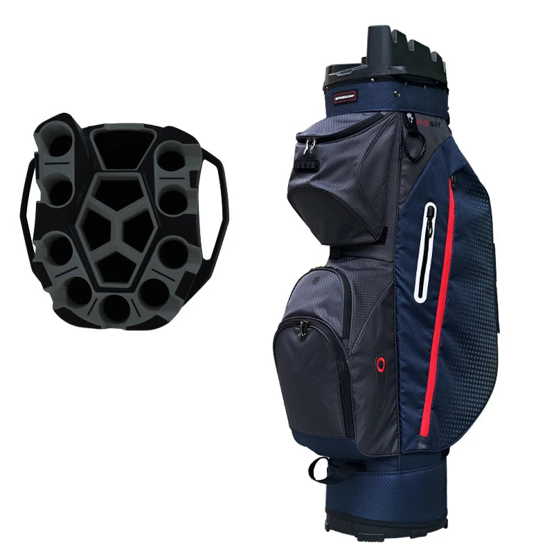 Sac de golf chariot bleu marine et gris, vue du plateau et du côté