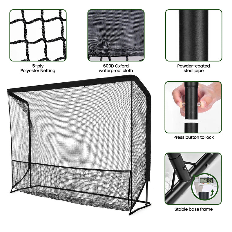 Filet de golf avec cible – détails du filet en polyester, de la toile Oxford, du tube en acier et du verrouillage par bouton