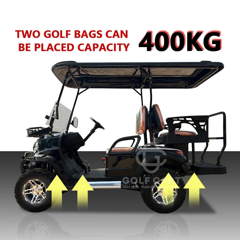 Voiturette de golf électrique tout-terrain noire – schéma de l'emplacement de deux sacs de golf à l'arrière