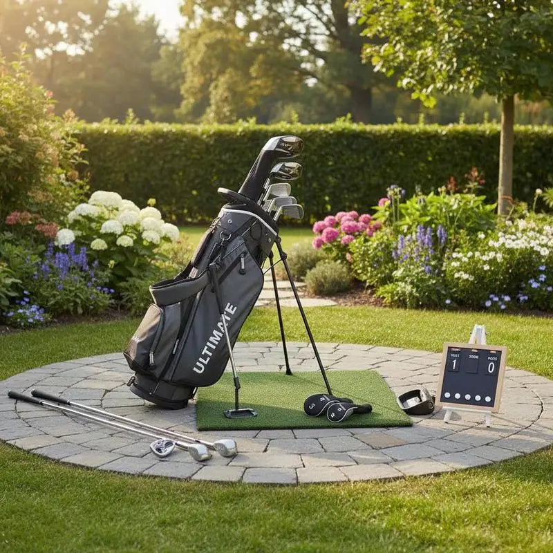 Kit de golf complet gaucher – sac gris et tapis de putting dans un jardin