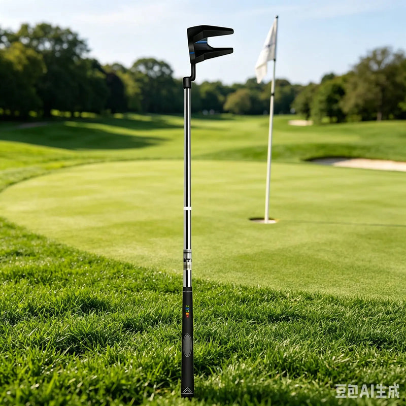 Putter avec ramasse-balle intégré – putter debout sur un green avec le drapeau en arrière-plan