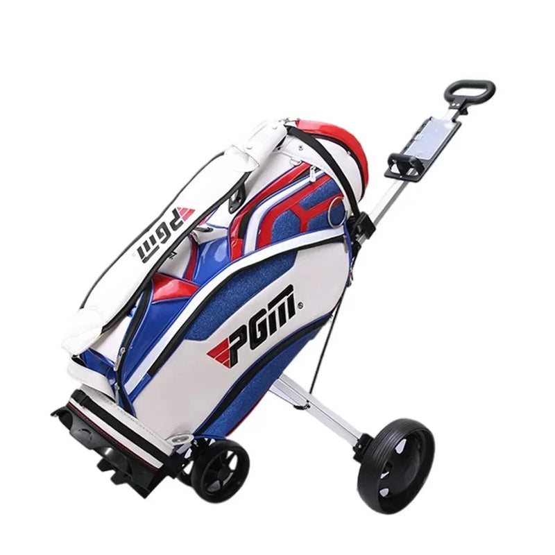 Chariot de golf manuel aluminium – chariot chargé d'un sac de golf blanc, bleu et rouge