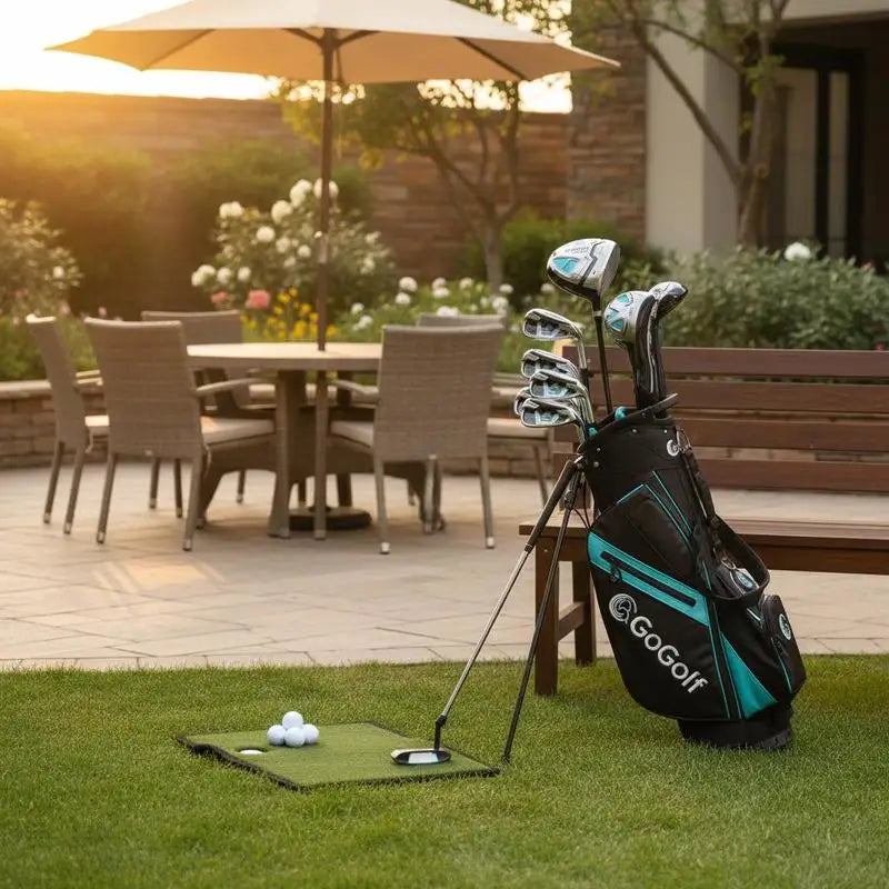 Set de golf complet femme – sac trépied sur une terrasse avec tapis de putting