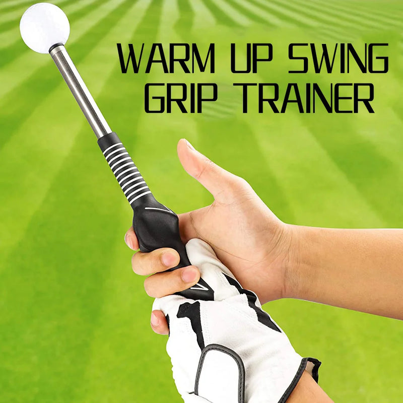 Entraîneur de swing golf télescopique – manche déployé tenu en main avec un gant