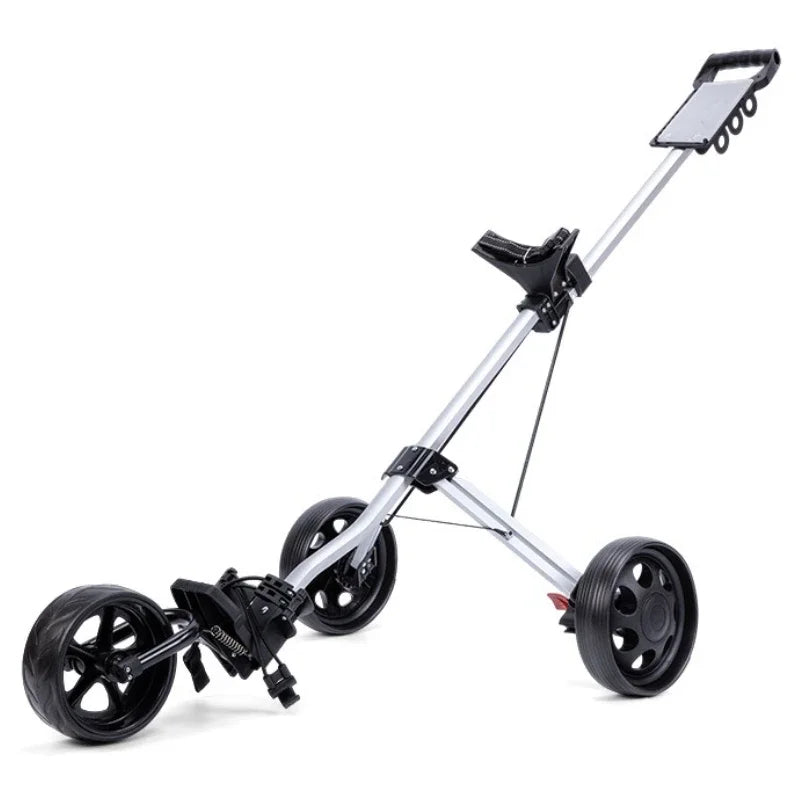 Chariot de golf pliable aluminium – chariot à 3 roues sur fond blanc