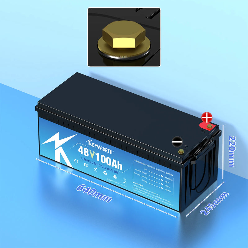 Batterie lithium LiFePO4 12 V à 48 V – batterie 48 V 100 Ah de 640 mm, vue de dessus avec une borne