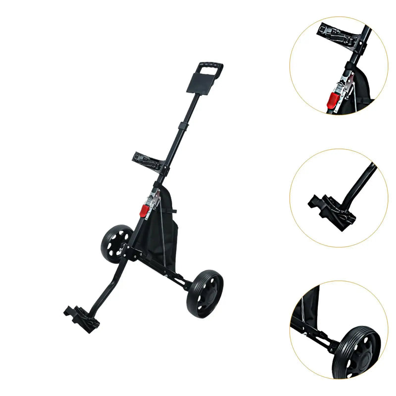 Chariot de golf manuel pliable à 2 roues – détails de la poignée, du pied et de la roue