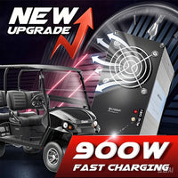 Chargeur plomb 48 V 15 A – chargeur avec sa grille de ventilation devant une voiturette de golf