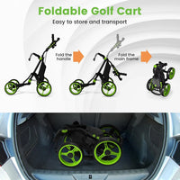 Chariot de golf 3 roues pliable – étapes de pliage et chariot replié dans un coffre