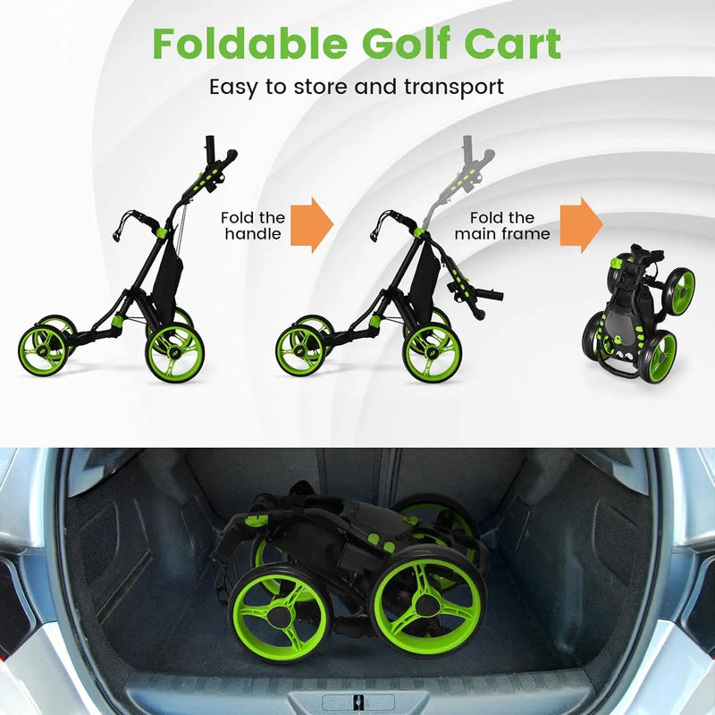 Chariot de golf 3 roues pliable – étapes de pliage et chariot replié dans un coffre