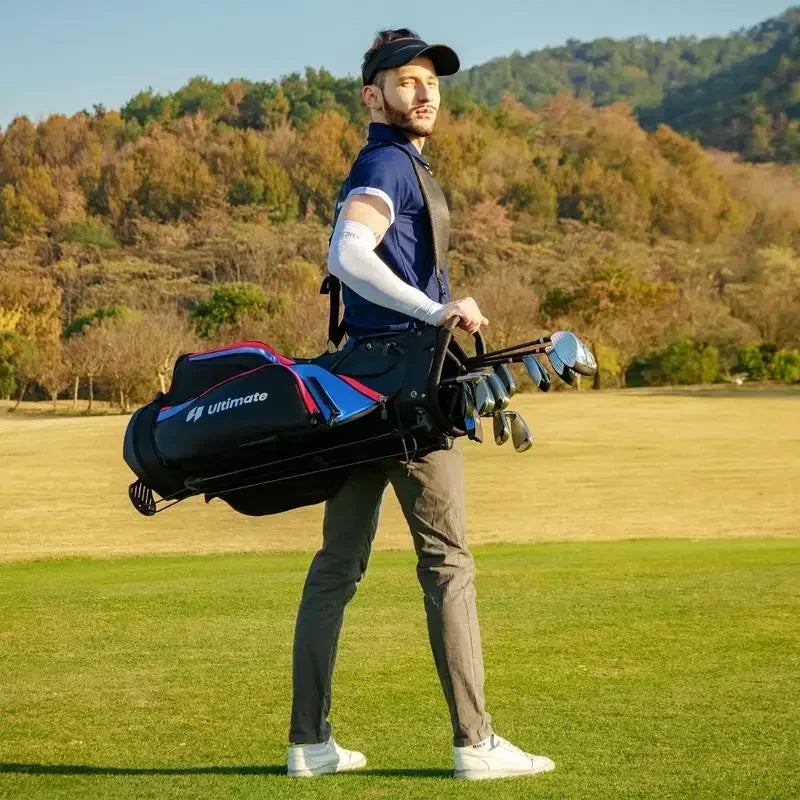 Kit de golf complet droitier 11 clubs – golfeur portant le sac trépied à l'épaule