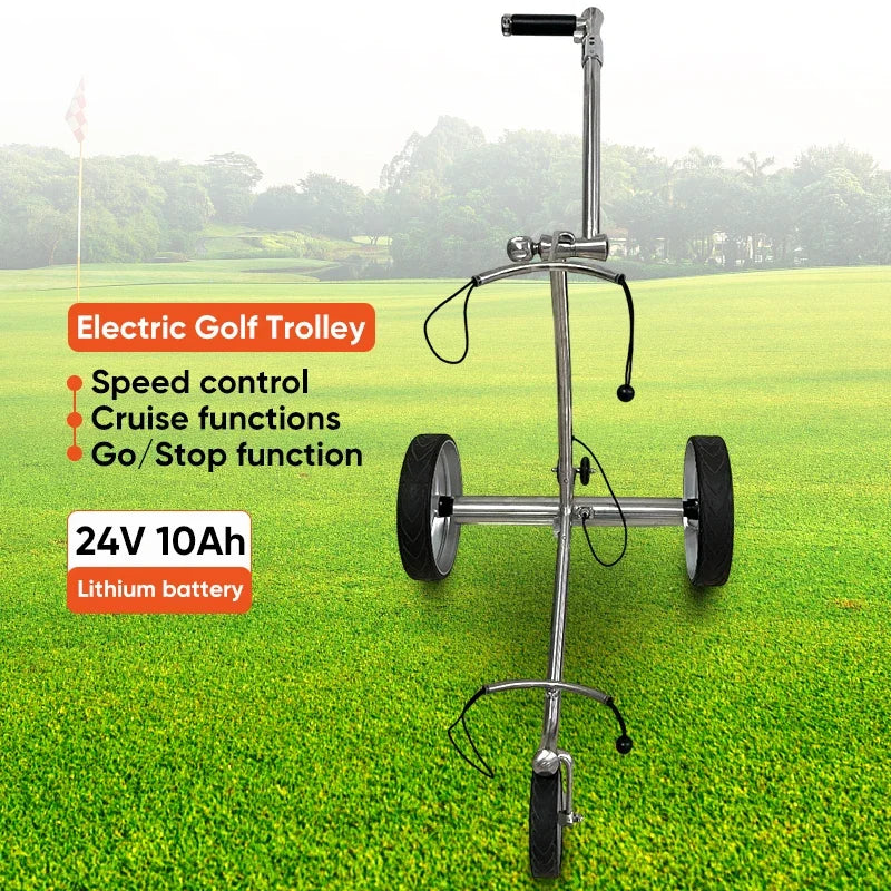 Chariot golf électrique télécommandé – vue de face sur le gazon, batterie lithium 24 V 10 Ah