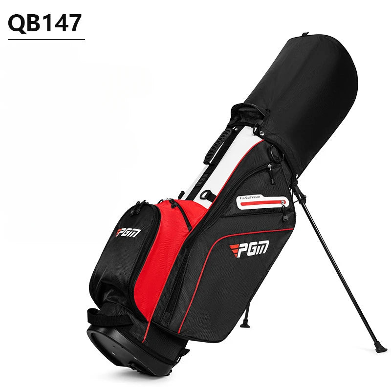 Sac de golf trépied léger 14 compartiments – sac noir et rouge sur son trépied, vue de trois quarts