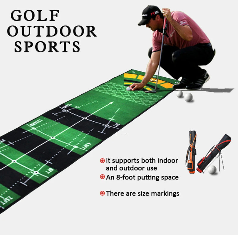 Tapis de putting portable – golfeur accroupi qui lit son putt, repères de distance