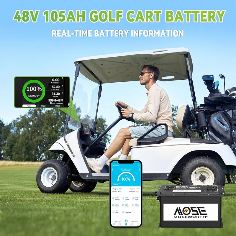Batterie lithium voiturette de golf 48 V 105 Ah – informations en temps réel sur l'écran et le téléphone, en voiturette