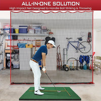 Filet d'entraînement de golf 3 × 3 m – suspendu dans un garage devant un tapis de frappe