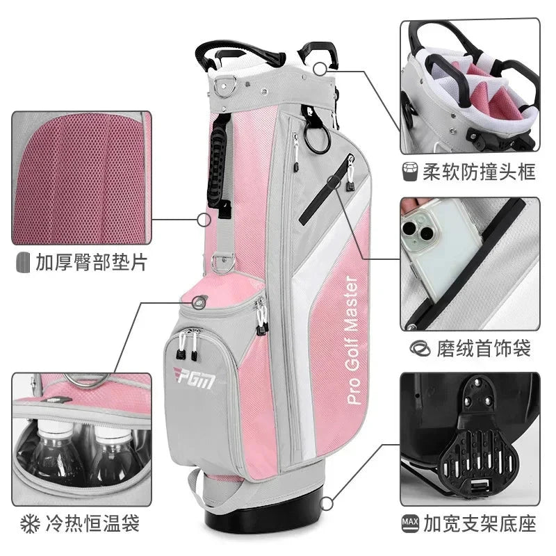 Sac de golf trépied femme – détails : coussin épais, pochette isotherme, pochette de valeurs et base de trépied élargie