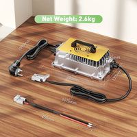 Chargeur LiFePO4 58,4 V – dimensions du chargeur et des câbles, poids net 2,6 kg